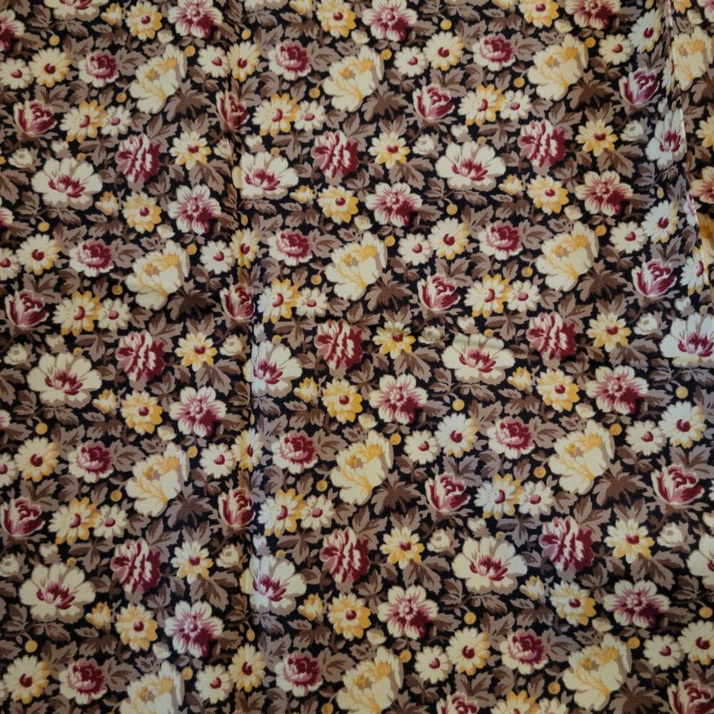 Cotton Fabric Small Floral Yellow Burgundy on Brown Vintage Look 1 Yard Quilting